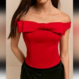 Sisters Poéselle Red Off Shoulder Bow Top, Women's Elegant Solid